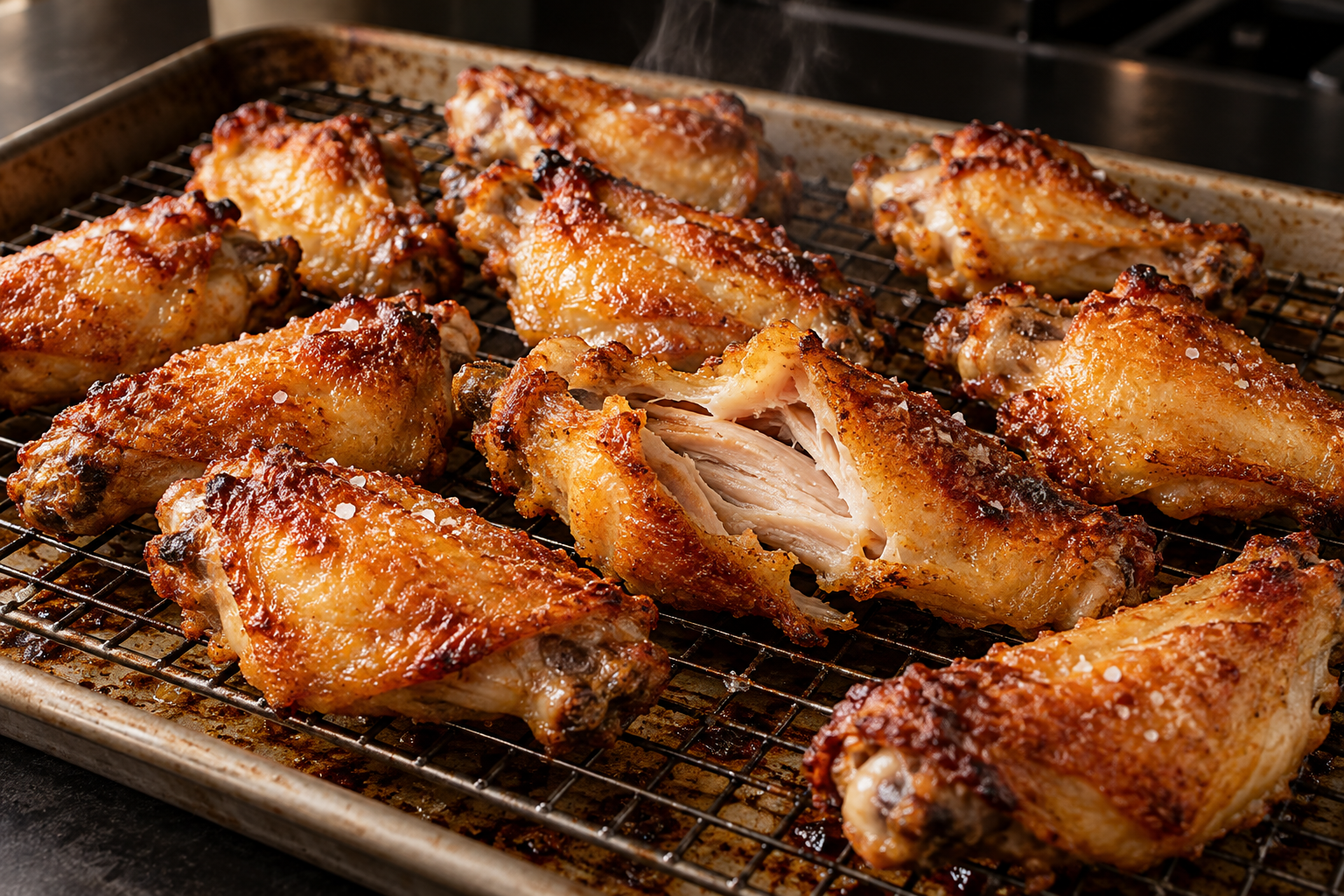 Crisp golden chicken wings on a wire rack, with one wing opened to show juicy meat.