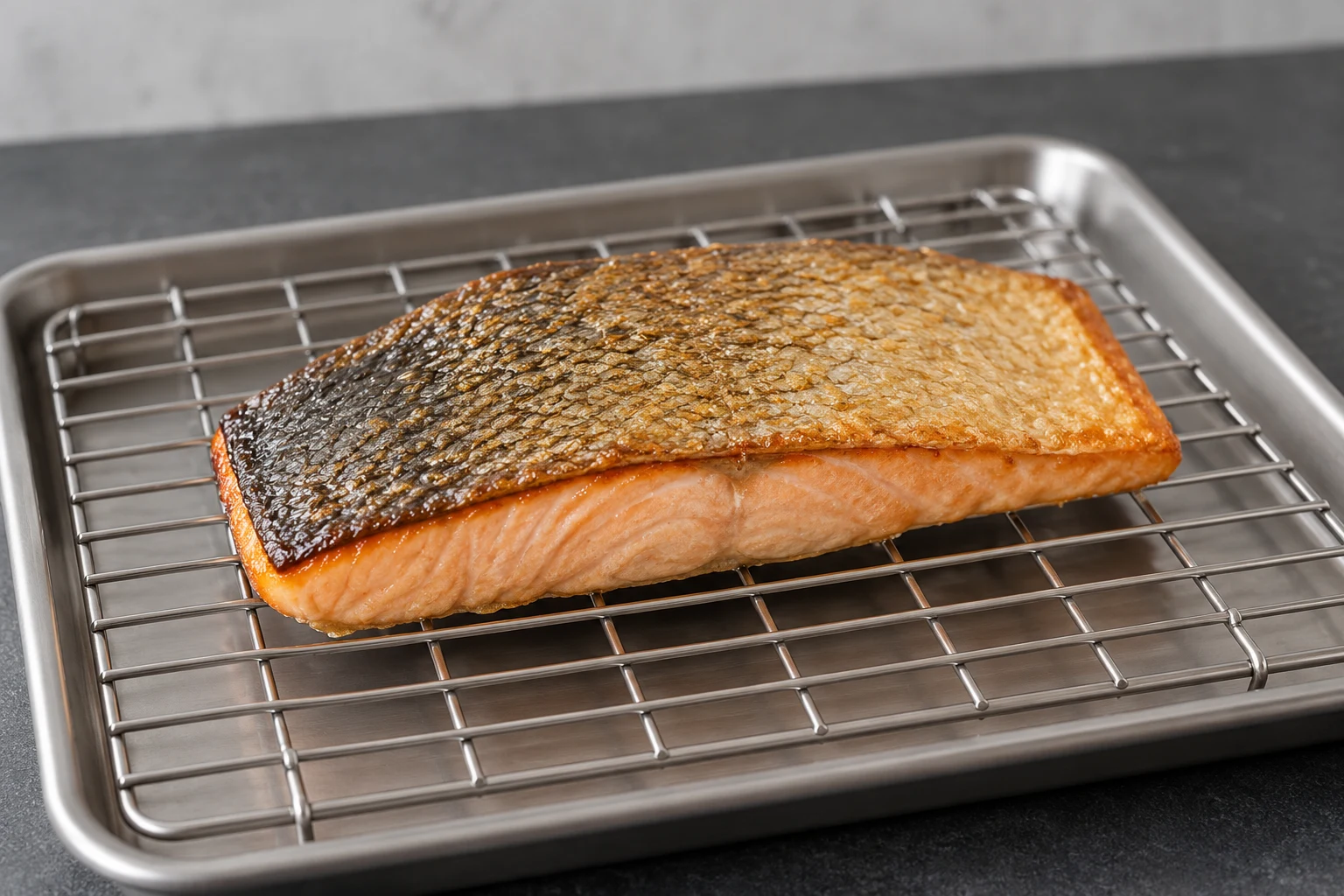 A skin-on salmon fillet with evenly crisped golden skin resting on a cooling rack over a sheet pan.