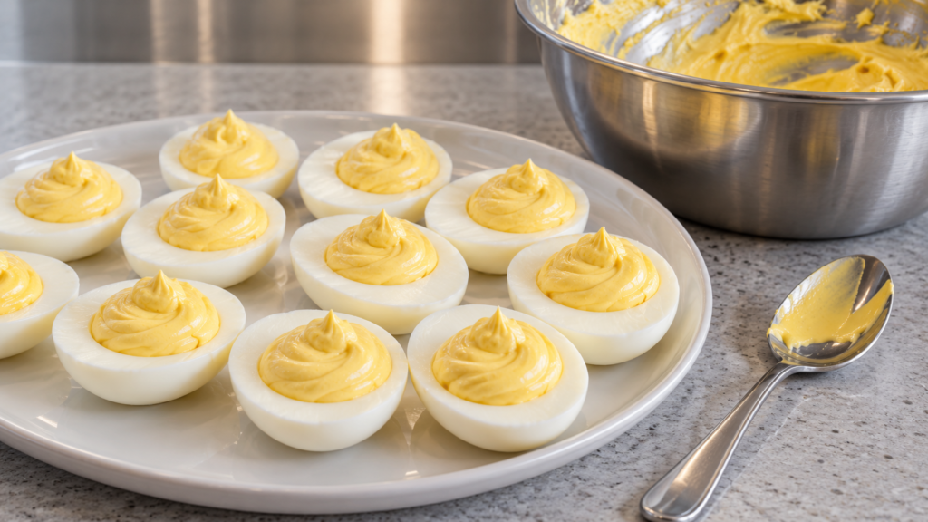 Deviled eggs with smooth egg-yolk filling on a gray quartz counter in a contemporary home kitchen.