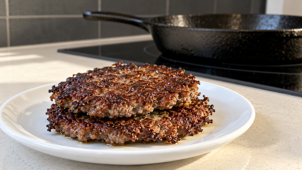 A double smash burger stack with browned beef patties in a contemporary home kitchen.