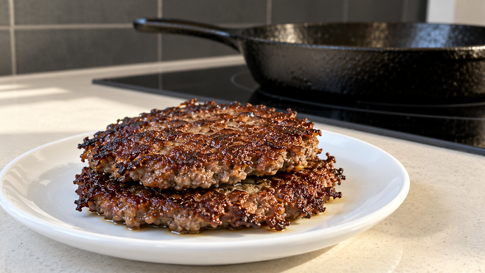 A double smash burger stack with browned beef patties in a contemporary home kitchen.