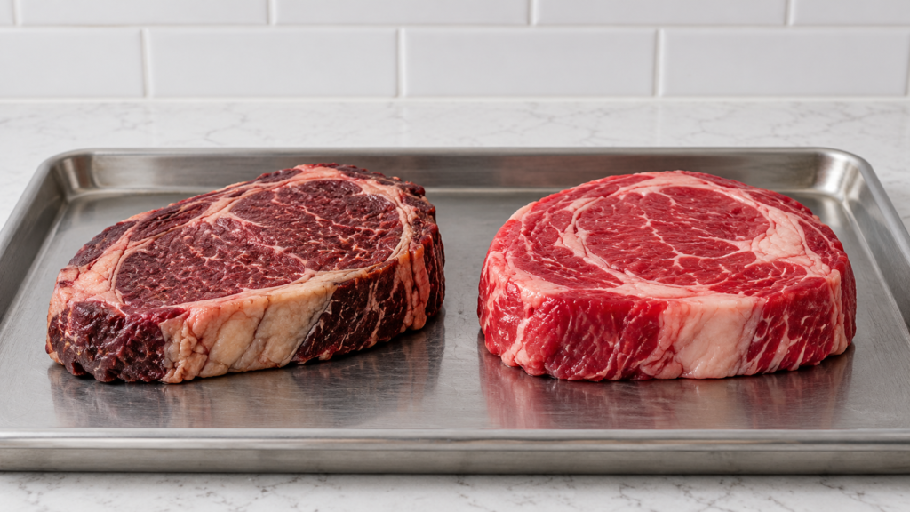 Dry-aged and wet-aged beef displayed side by side on a white quartz counter in a contemporary home kitchen.