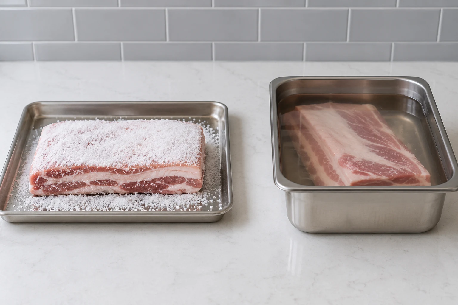 Pork belly under an even salt cure beside pork belly submerged in clear brine.