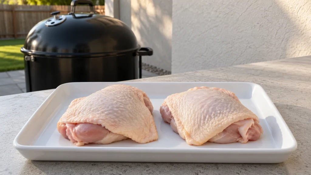 Two unseasoned skin-on chicken thighs with dry skin on a white tray.