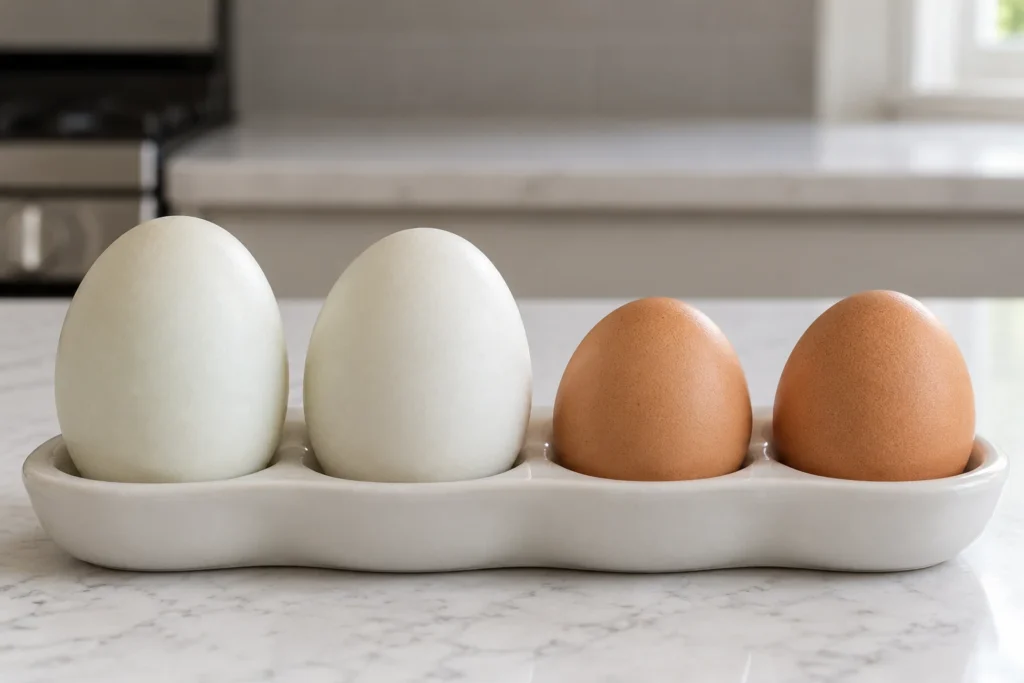 Two large pale duck eggs and two smaller brown chicken eggs arranged in a plain ceramic tray.