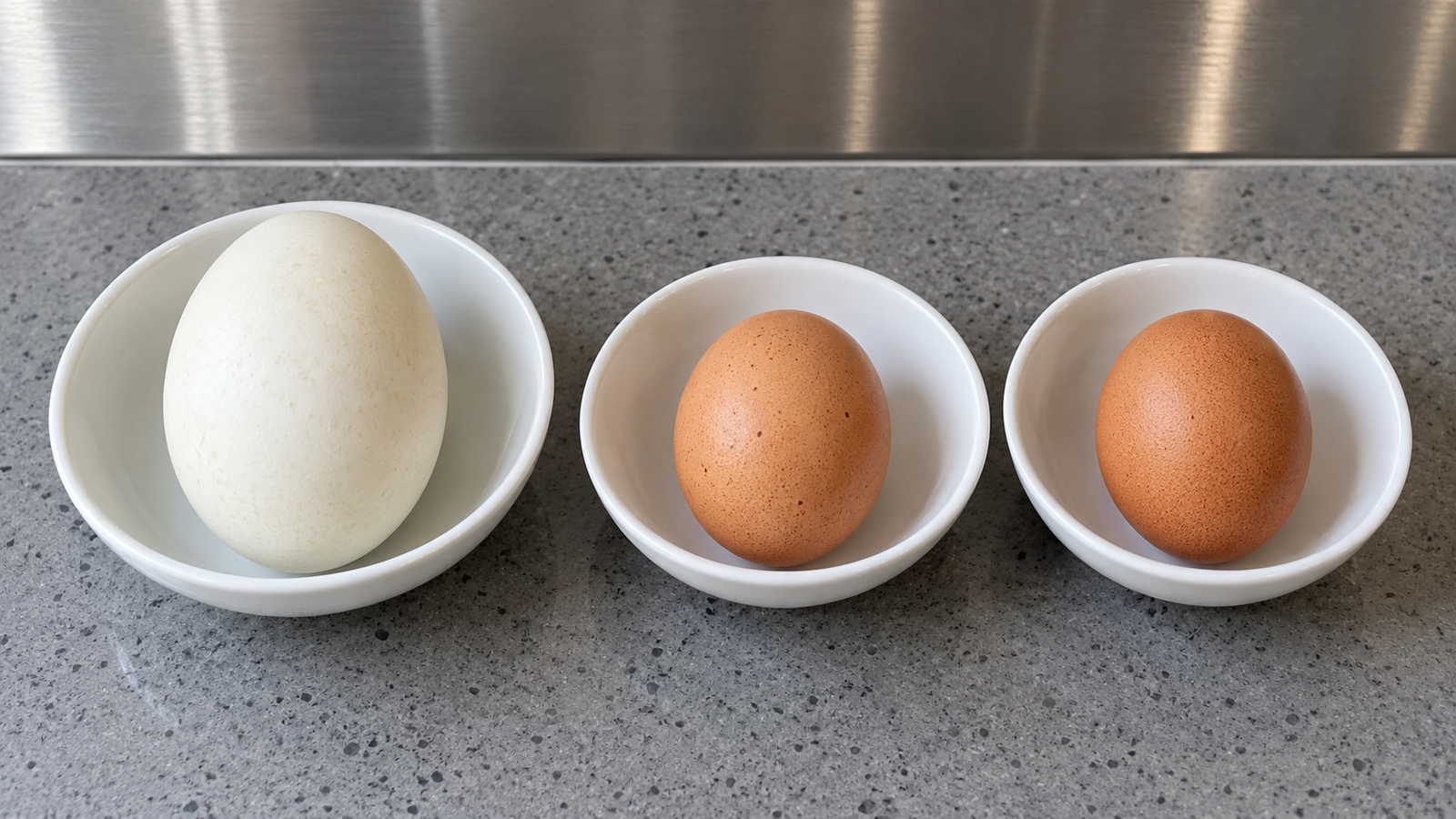 Whole duck eggs and chicken eggs compared on a gray quartz counter in a contemporary home kitchen.