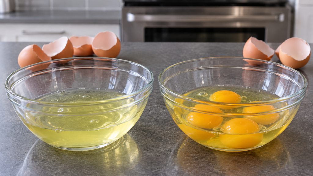 Egg whites and whole eggs shown side by side on a graphite counter in a contemporary home kitchen.