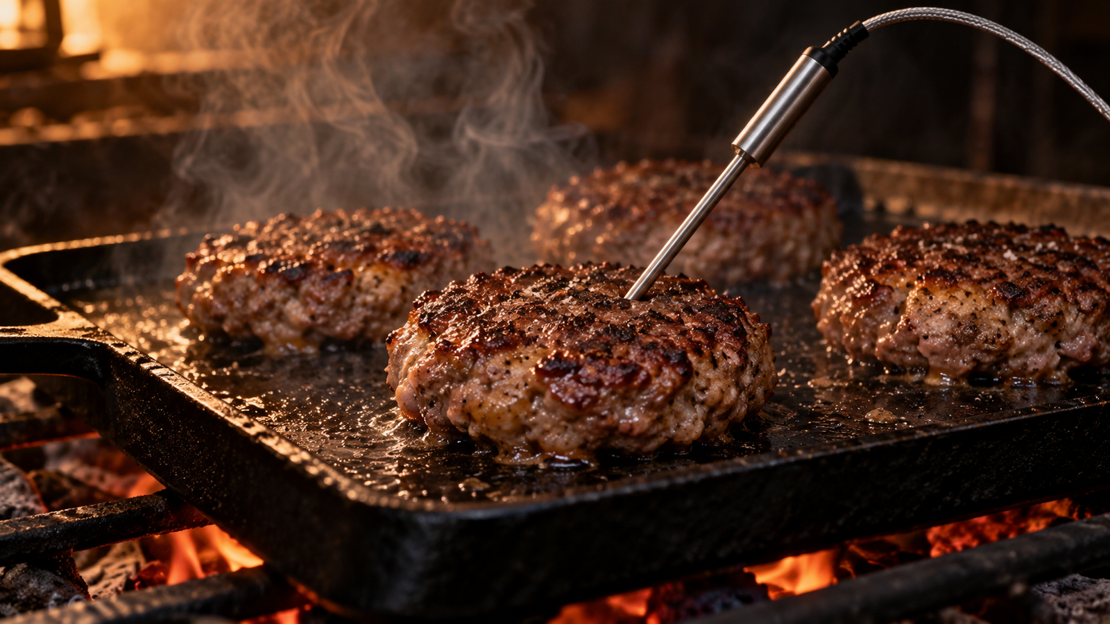 Beef burger patties cooking in a cast-iron pan while a digital thermometer checks doneness
