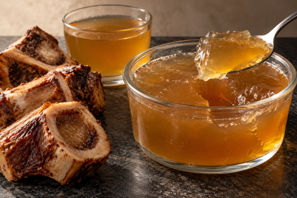Chilled amber beef bone broth set into a firm gel beside roasted beef bones.