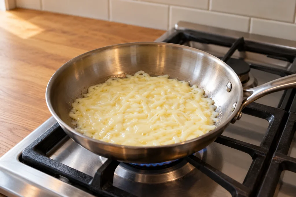 Pale shredded cheese melting smoothly into a glossy pool in a stainless skillet over a low gas flame.