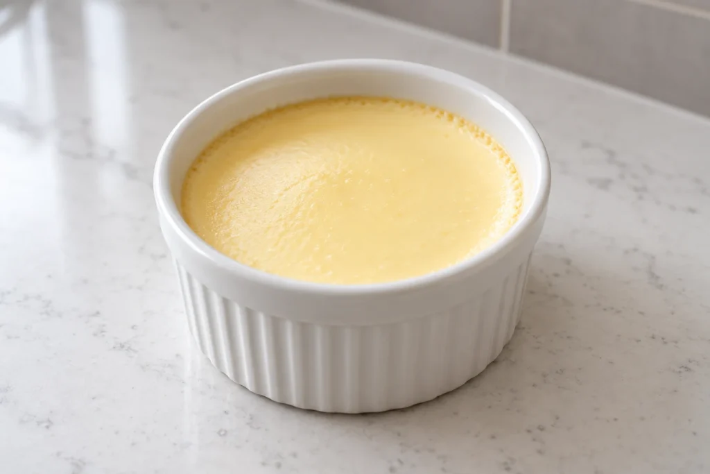 Smooth pale baked egg custard gently set in a plain white ceramic ramekin.