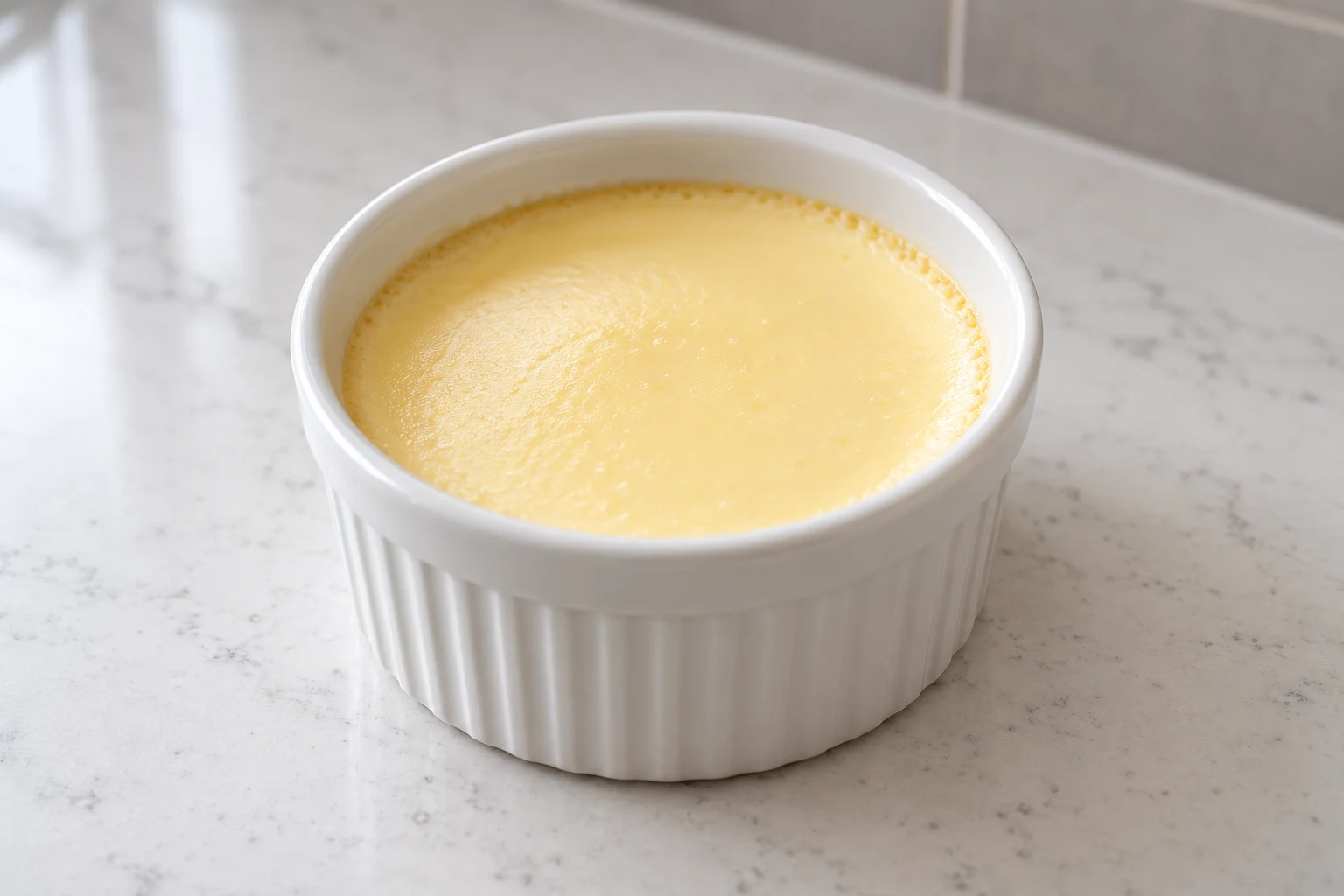 Smooth pale baked egg custard gently set in a plain white ceramic ramekin.