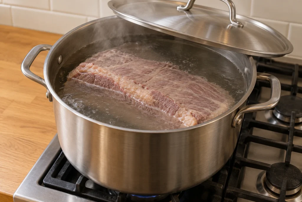 A plain brined beef brisket gently simmering in clear water inside a covered stockpot.
