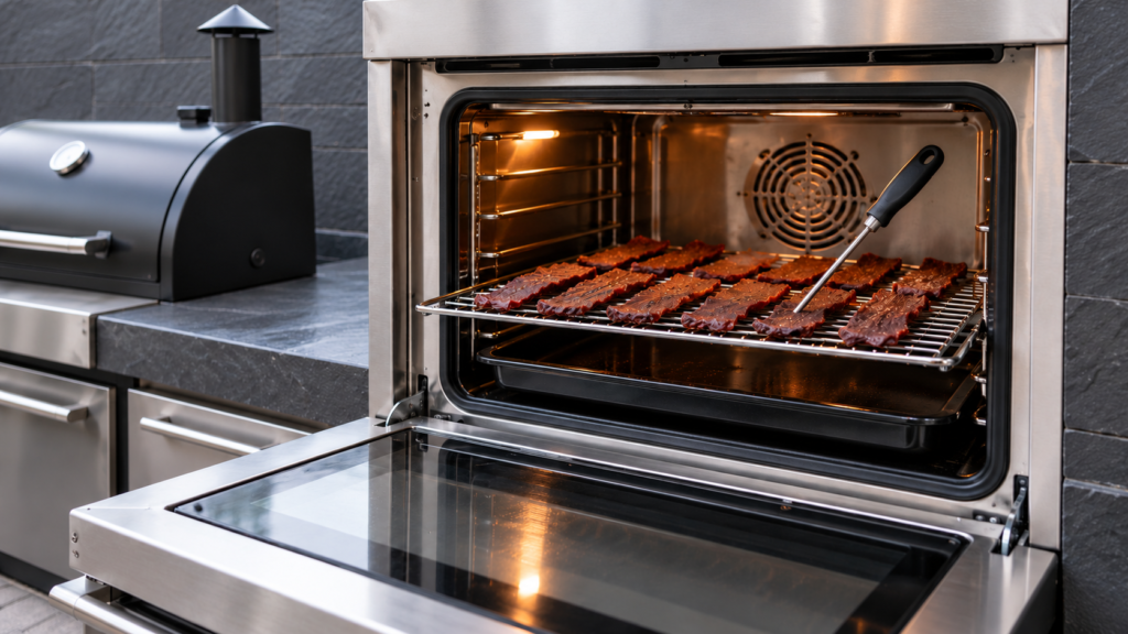 Meat prepared for the heat step before drying jerky on a slate counter in a contemporary home kitchen.