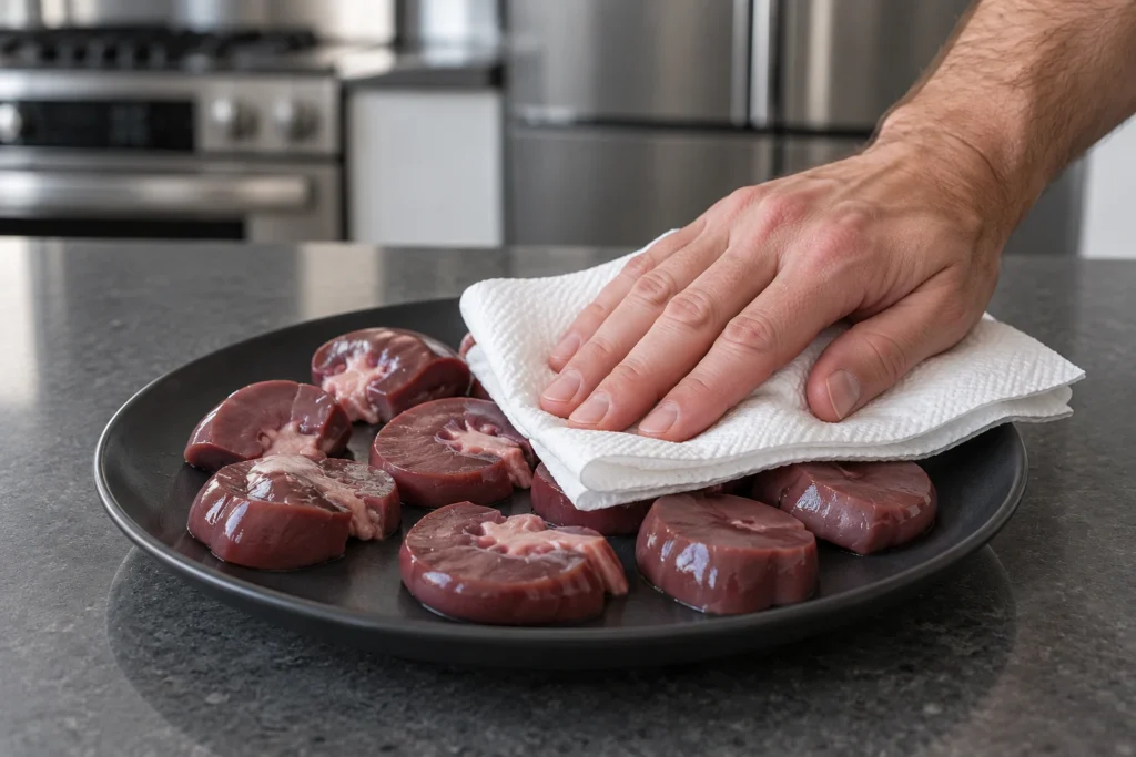 Soaked kidney pieces patted dry before searing in a contemporary home kitchen.