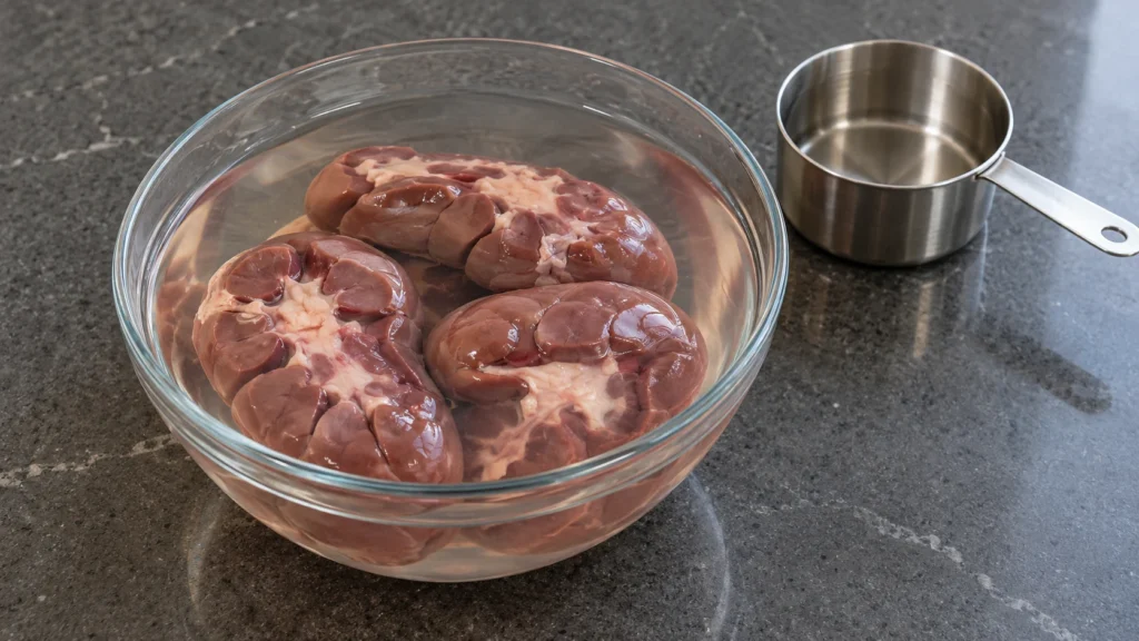 Trimmed beef kidneys soaking in water before cooking in a contemporary home kitchen.