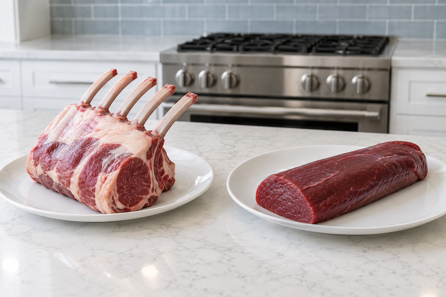 A rack of lamb and venison loin displayed side by side on a white quartz counter in a contemporary home kitchen.