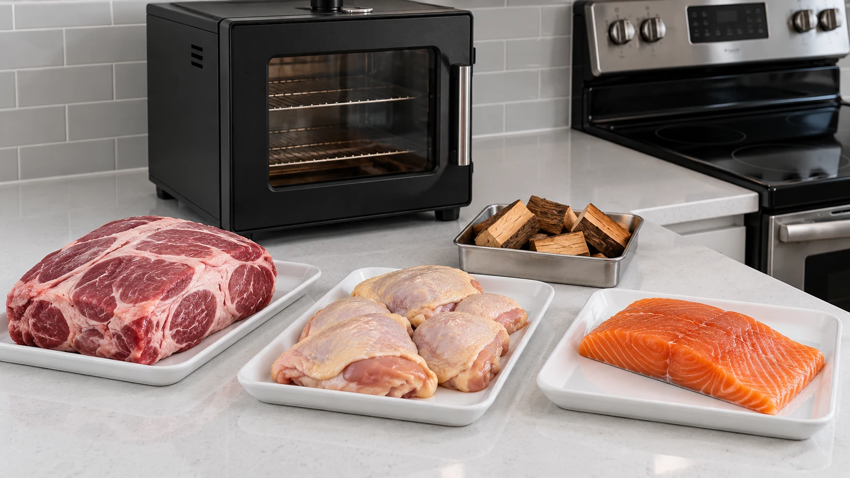 Raw pork shoulder, chicken thighs, and salmon beside clean hardwood smoking chunks in an apartment kitchen.