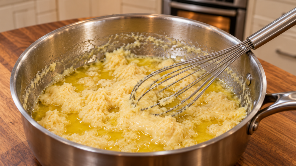 Melted cheese with a broken, greasy texture in a contemporary home kitchen.