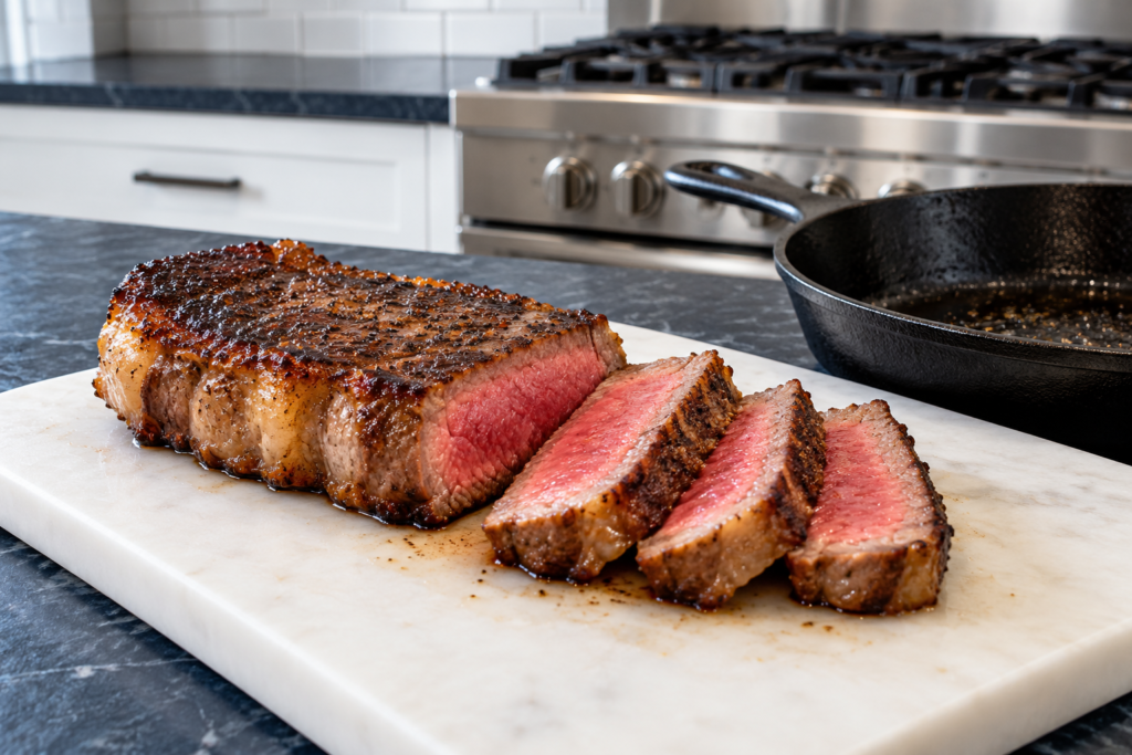 A New York strip steak with a browned crust rests in a contemporary home kitchen.