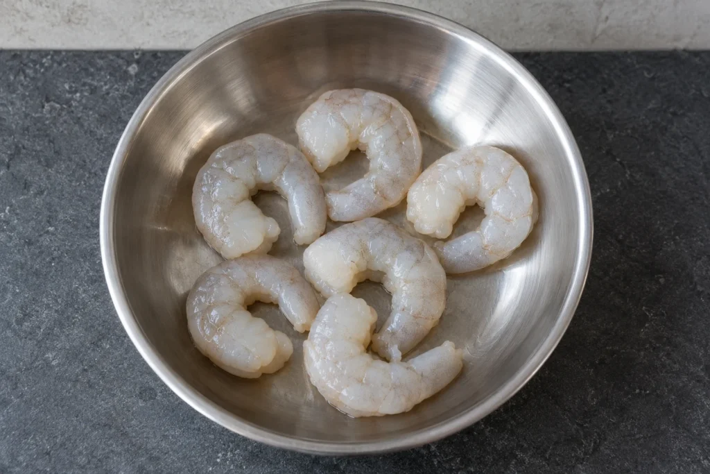 Six cleaned raw shrimp with shells and tails removed in a stainless-steel bowl.