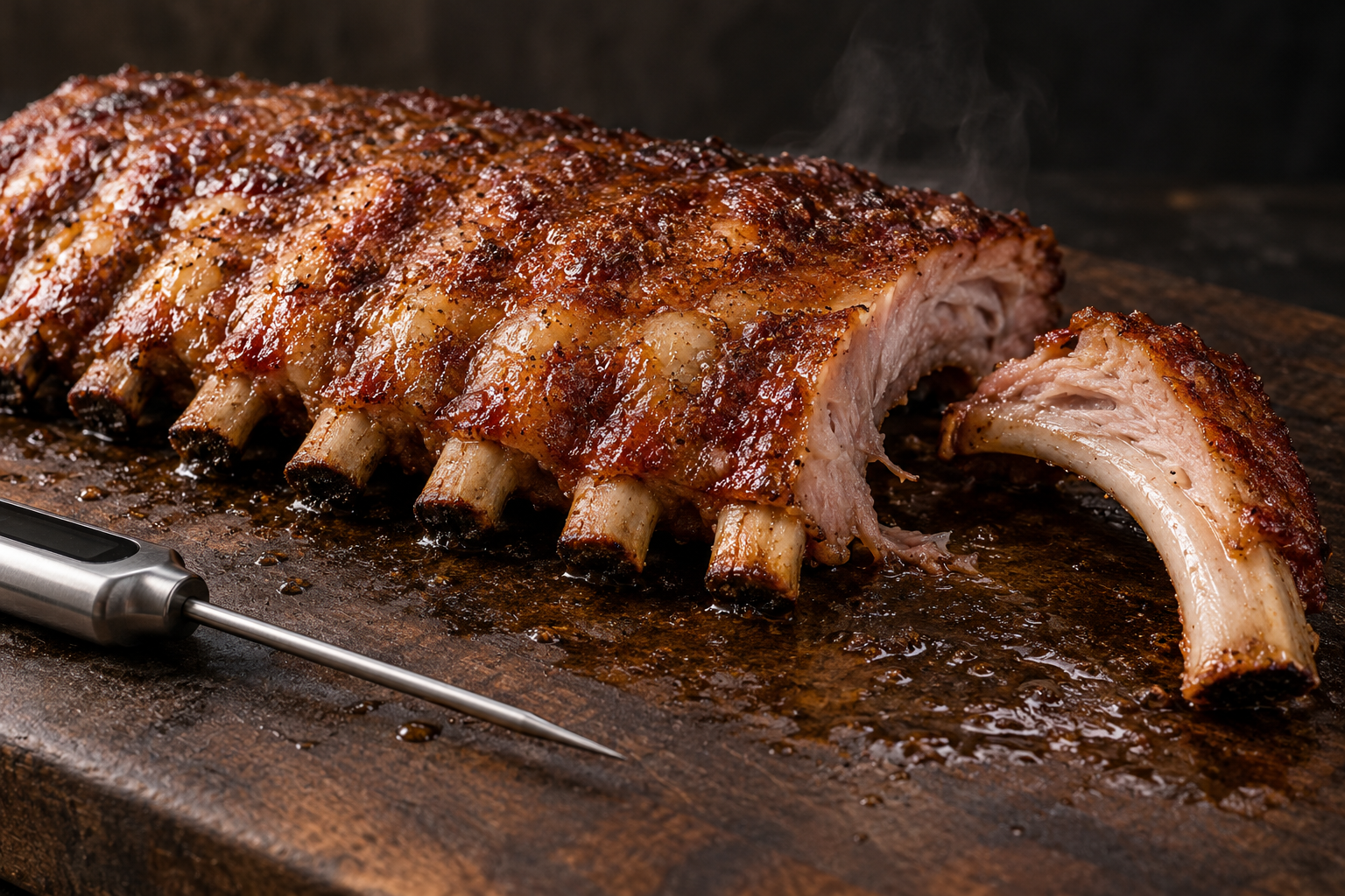 Cooked pork ribs showing proper bone release and a moist interior beside a thermometer.