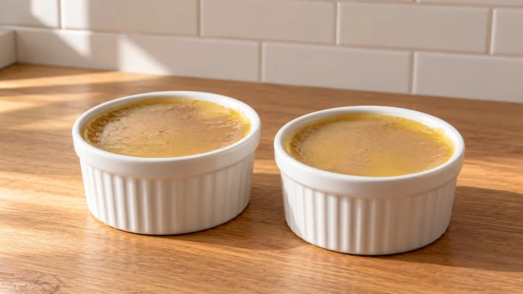 Two plain ramekins of smooth chicken-liver pâté, each sealed with melted butter.