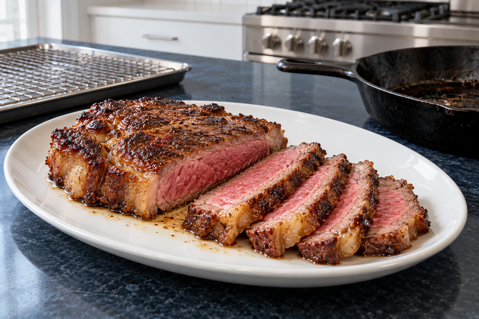 A reverse-seared ribeye with a browned crust and pink center in a contemporary home kitchen.