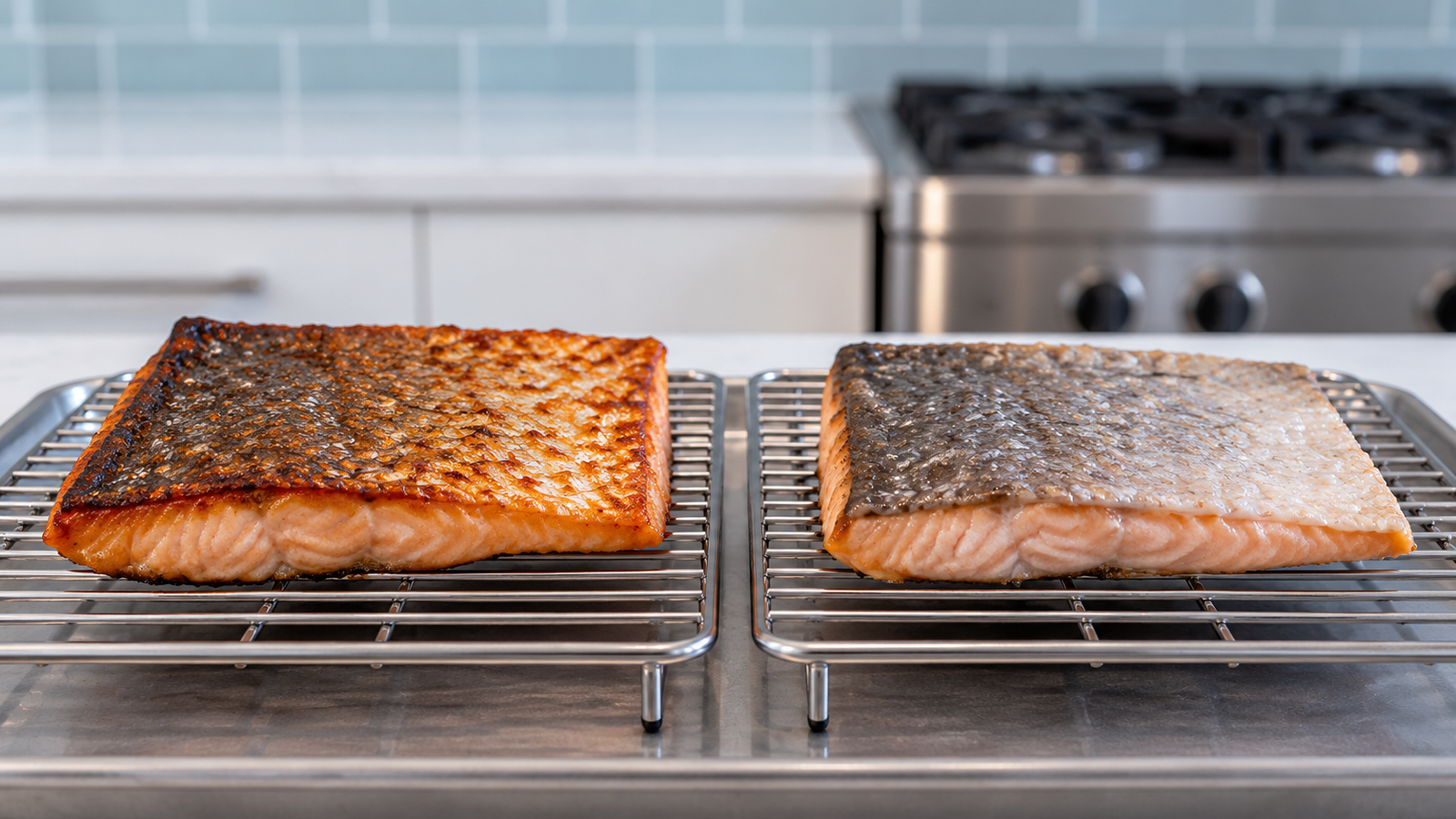 Crisp and rubbery salmon skin compared on a light blue counter in a contemporary home kitchen.