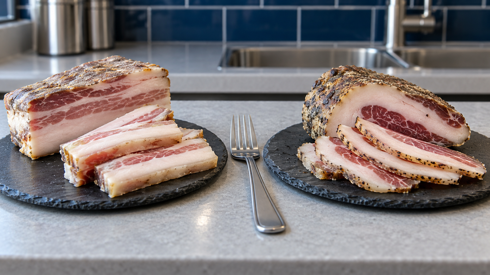 Salt pork and guanciale displayed for comparison in a contemporary home kitchen.