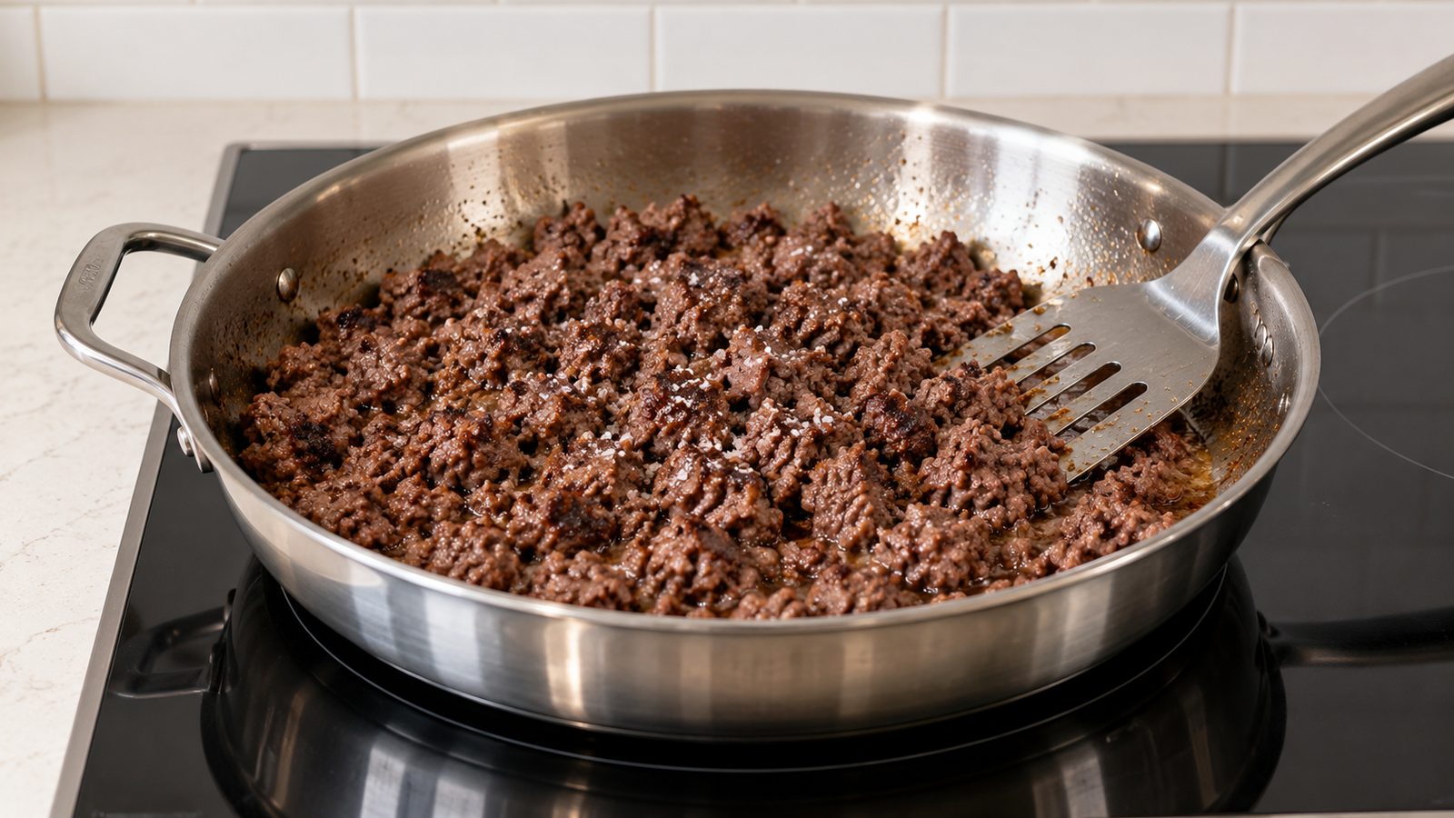 Salted ground beef cooking in a skillet on an ivory quartz counter in a contemporary home kitchen.