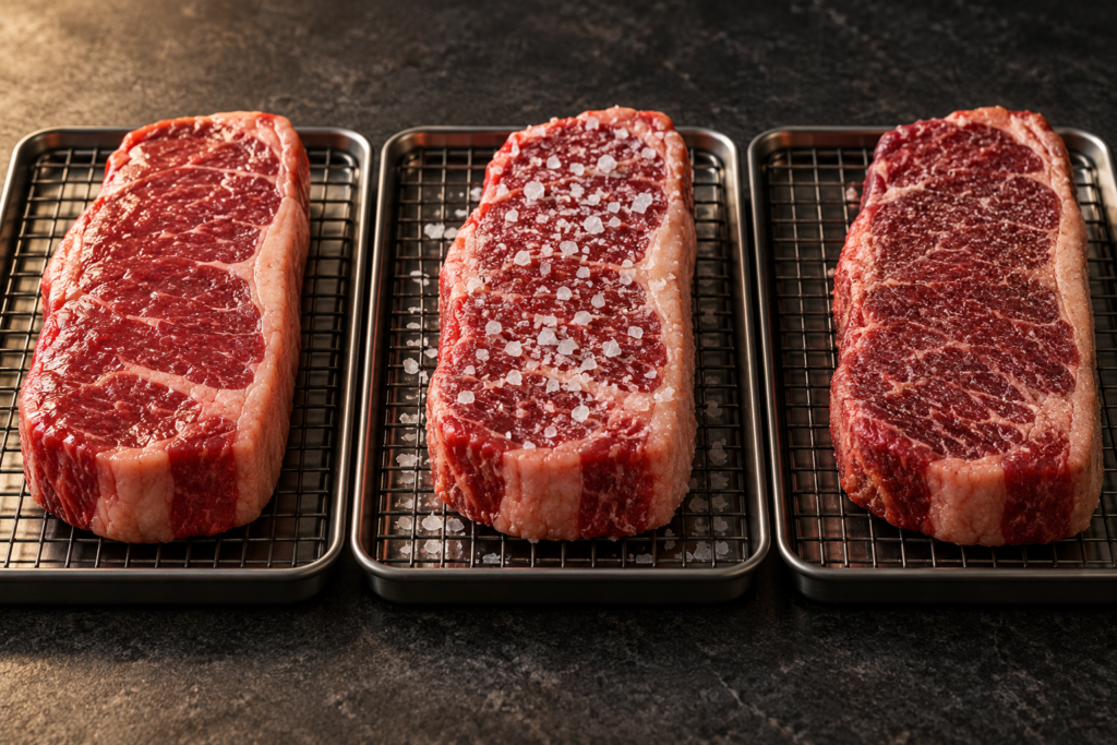 Three beef steaks showing unsalted, freshly salted, and dry-brined surfaces.