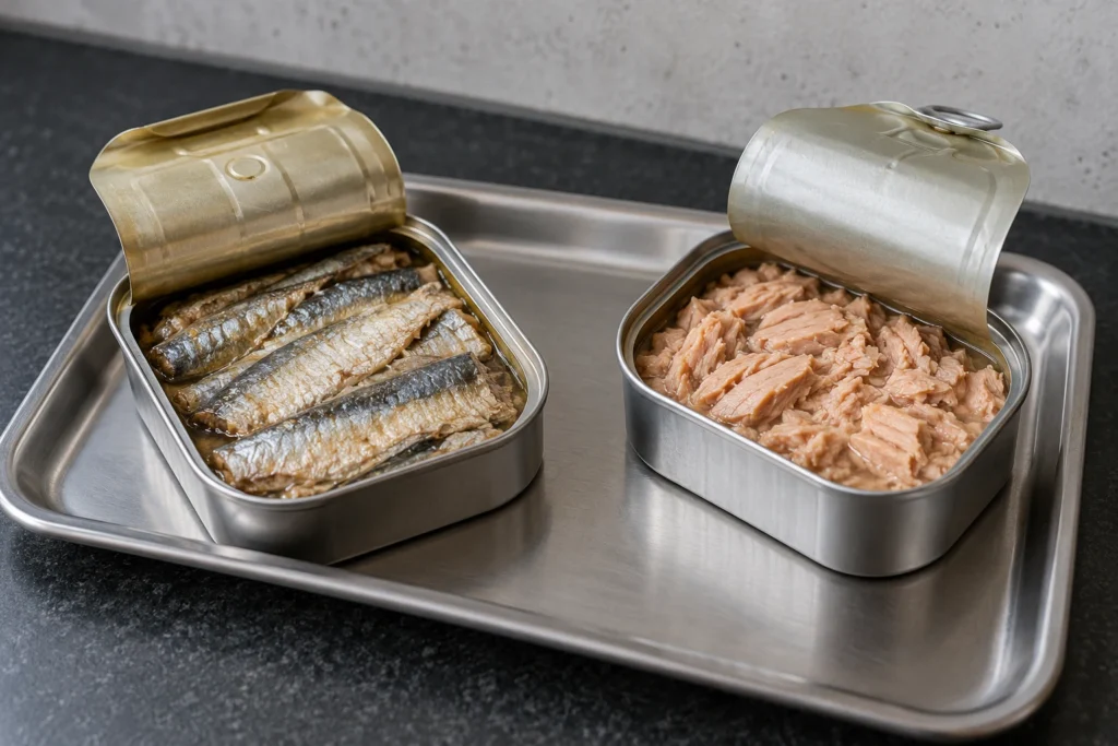 Open unlabelled tins of intact sardine fillets and flaky tuna on a stainless-steel tray.