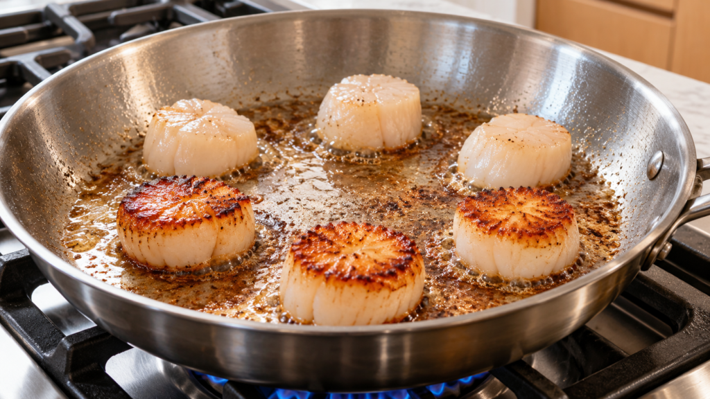 Scallops spaced apart for a deep sear on a light oak counter in a contemporary home kitchen.