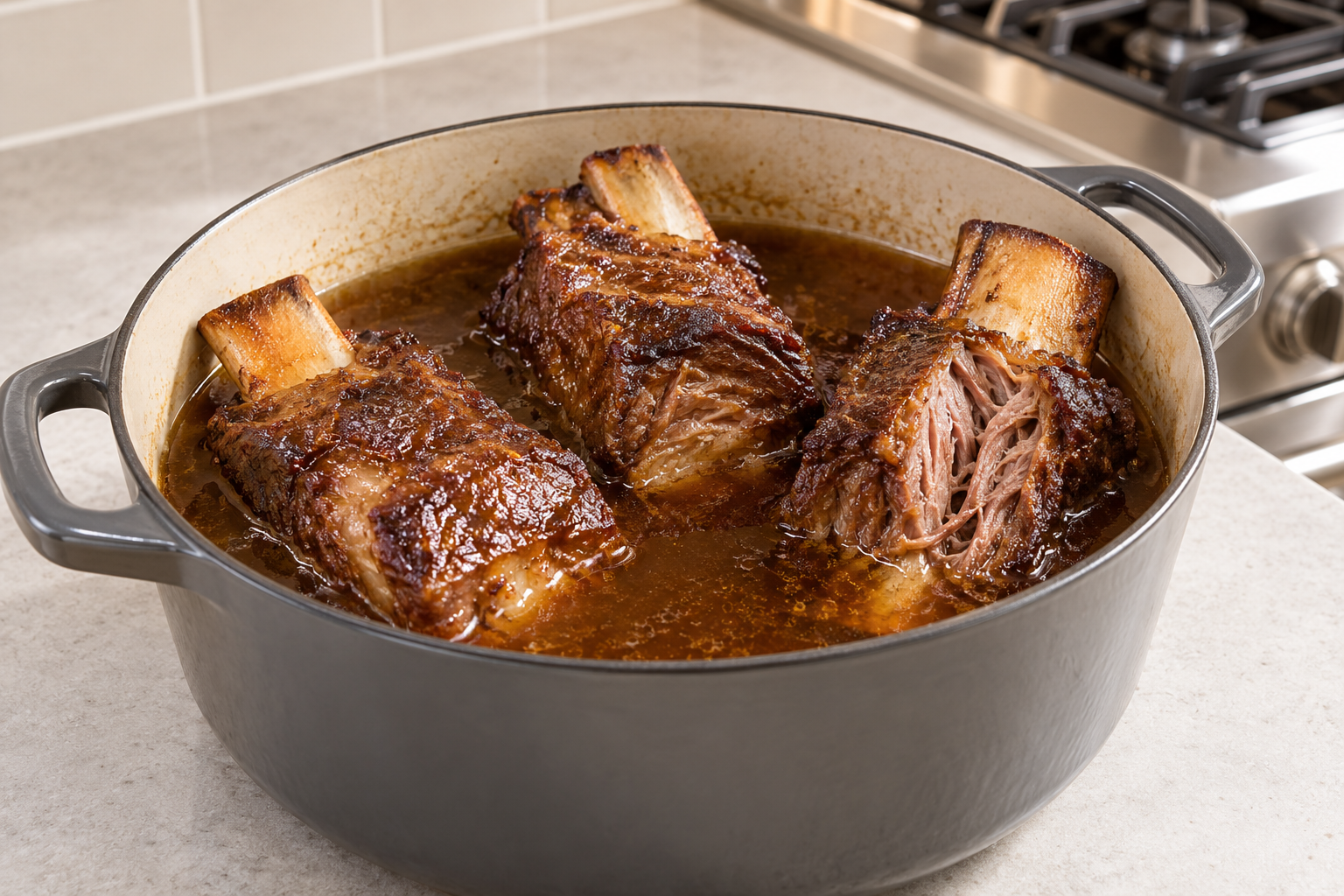 Slow-braised beef short ribs in a contemporary home kitchen.