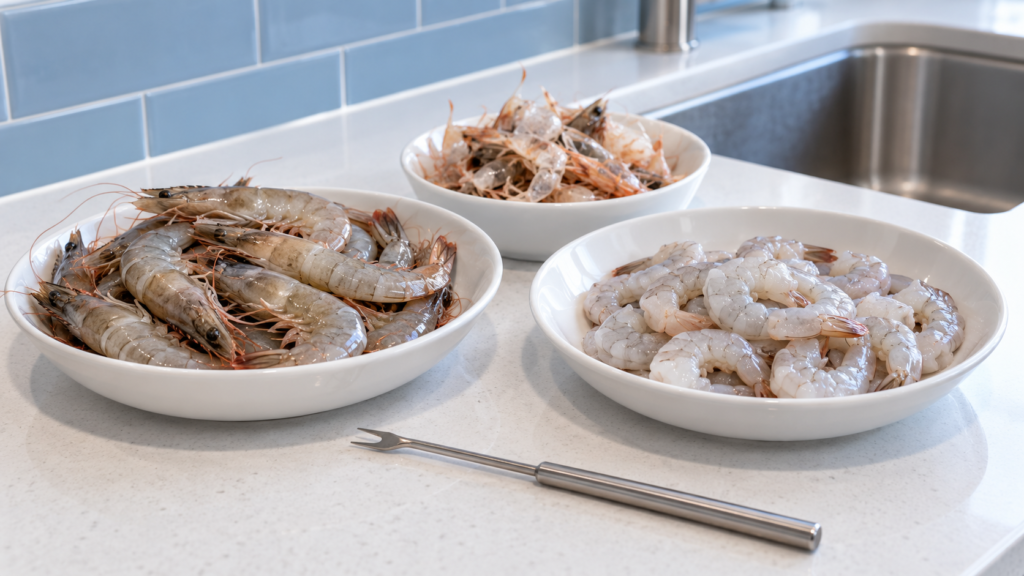 Shrimp shown before and after peeling on a light blue counter in a contemporary home kitchen.