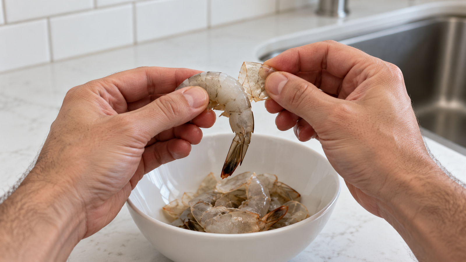 Peeling and Deveining Shrimp Without Wasting Half of It step shown in the kitchen