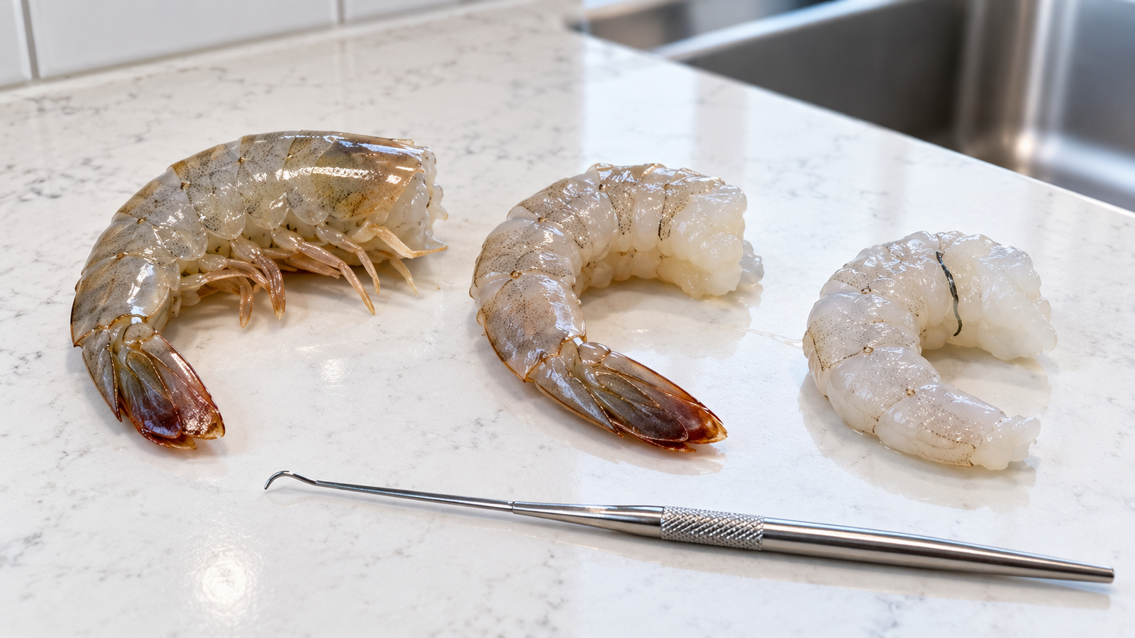 Peeling and Deveining Shrimp Without Wasting Half of It step shown in the kitchen