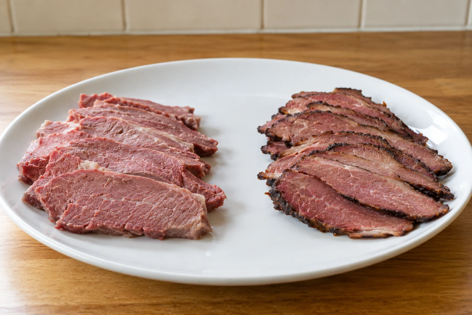 Slices of moist corned beef and smoke-browned pastrami arranged separately on a plain plate.