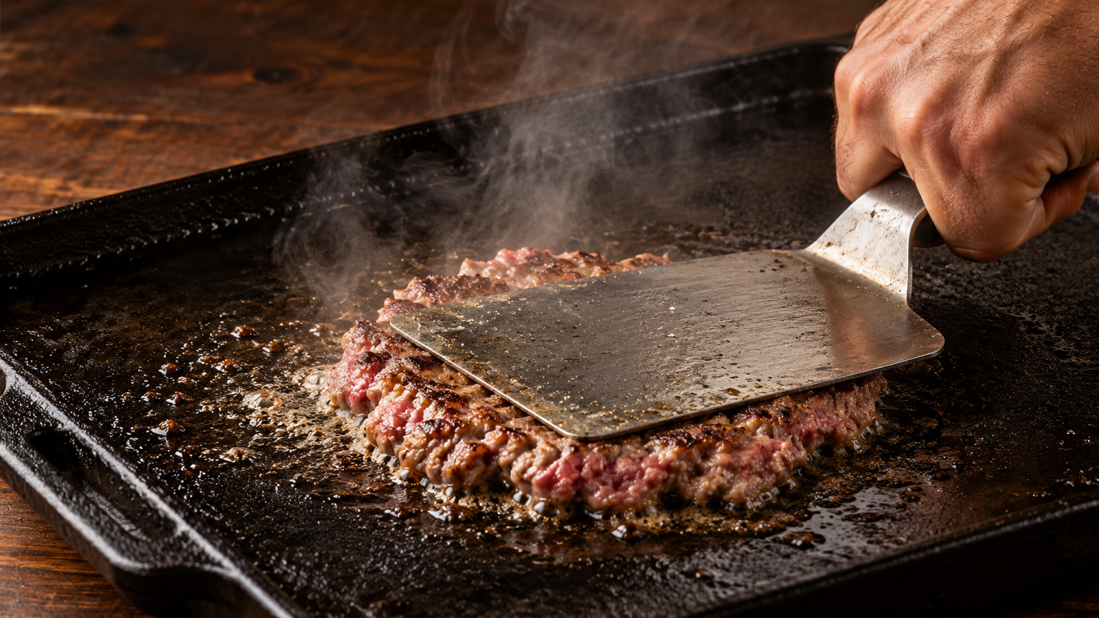 Masculine hand pressing a loose beef ball into a thin smash patty on a hot cast-iron griddle