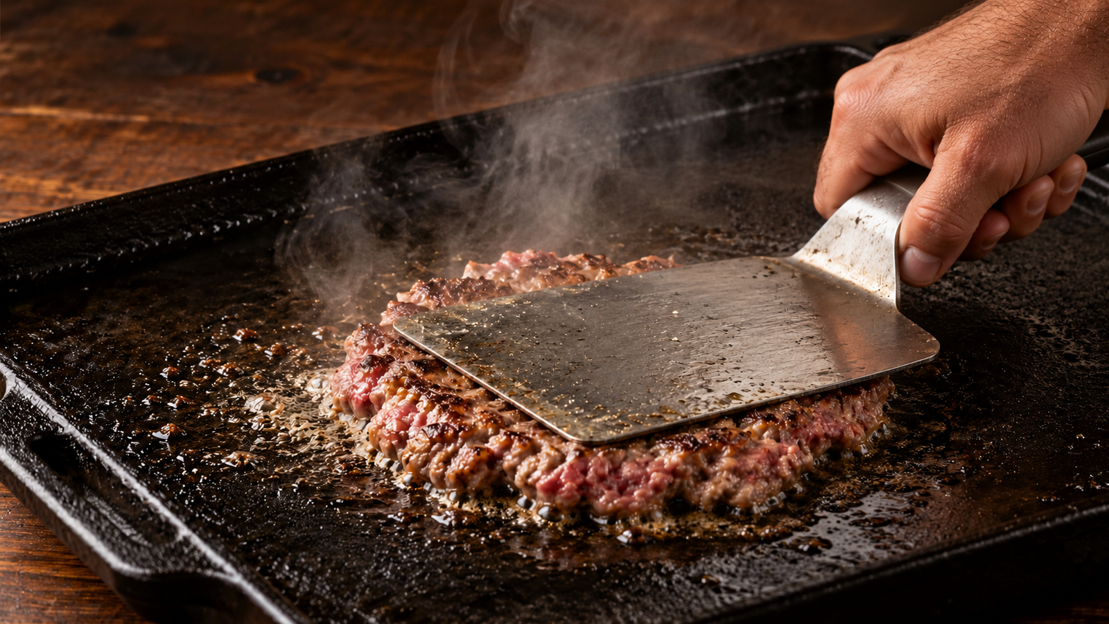 Double Smash Burger Stack step shown in the kitchen