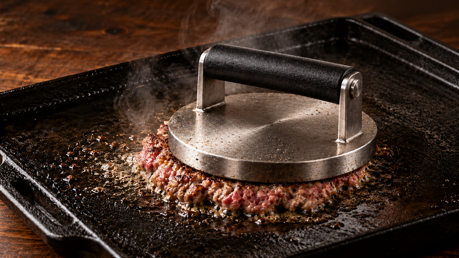 Stainless-steel burger press flattening a loose beef patty on a hot cast-iron griddle