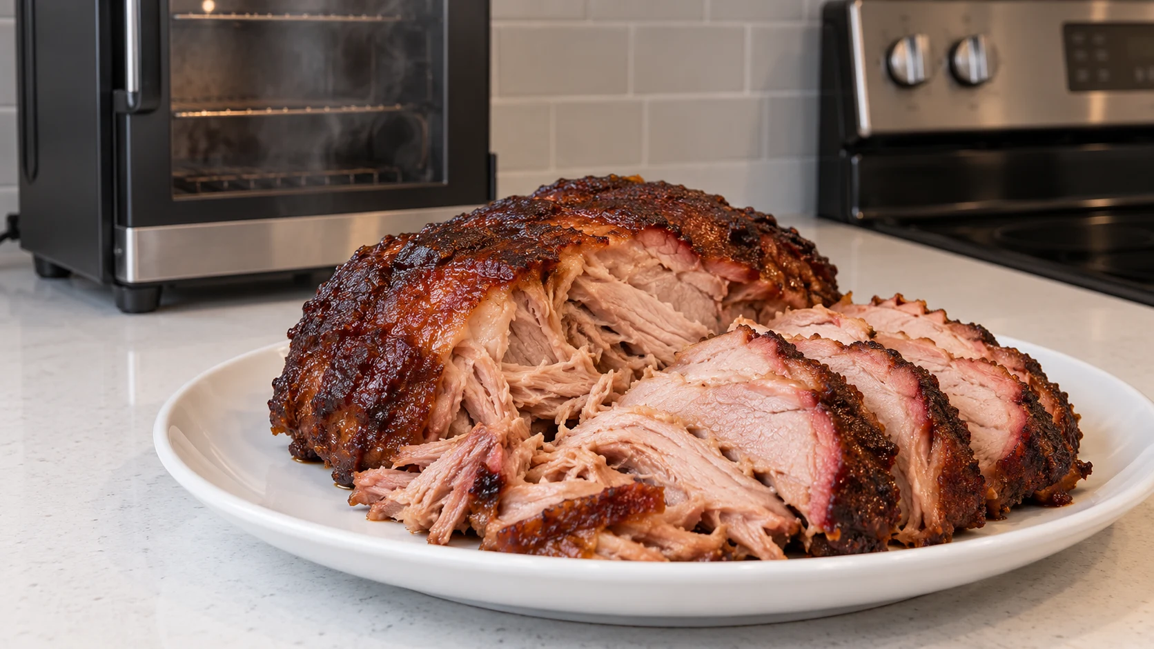 Plain smoked pork shoulder sliced to reveal a moist interior beside the apartment electric smoker.
