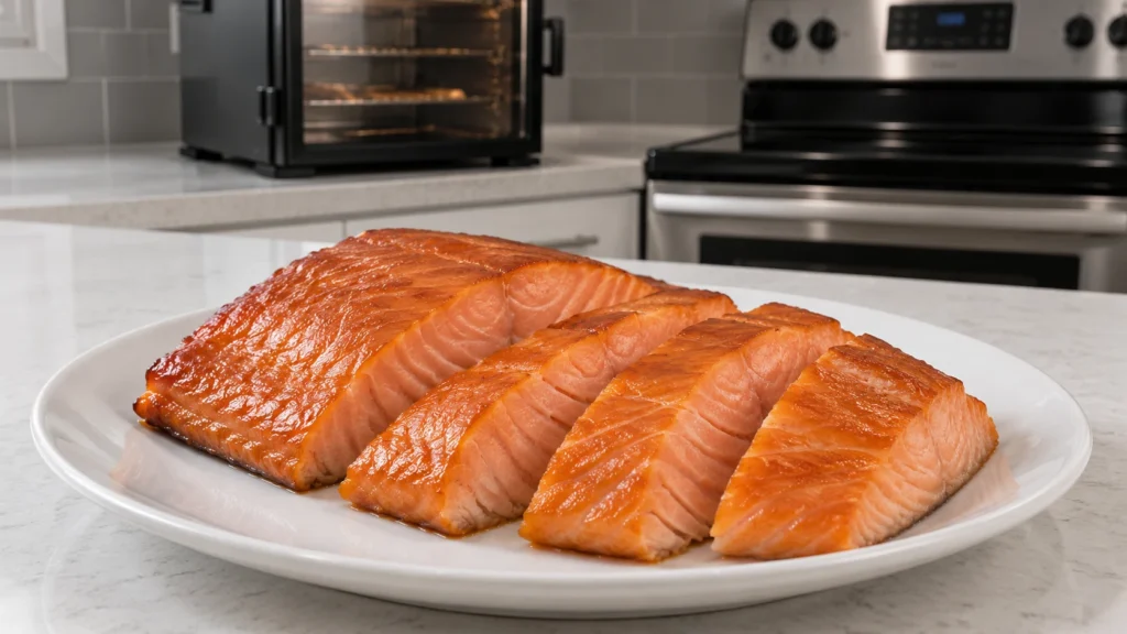 Plain smoked salmon portions on a white plate with the countertop smoker in the background.