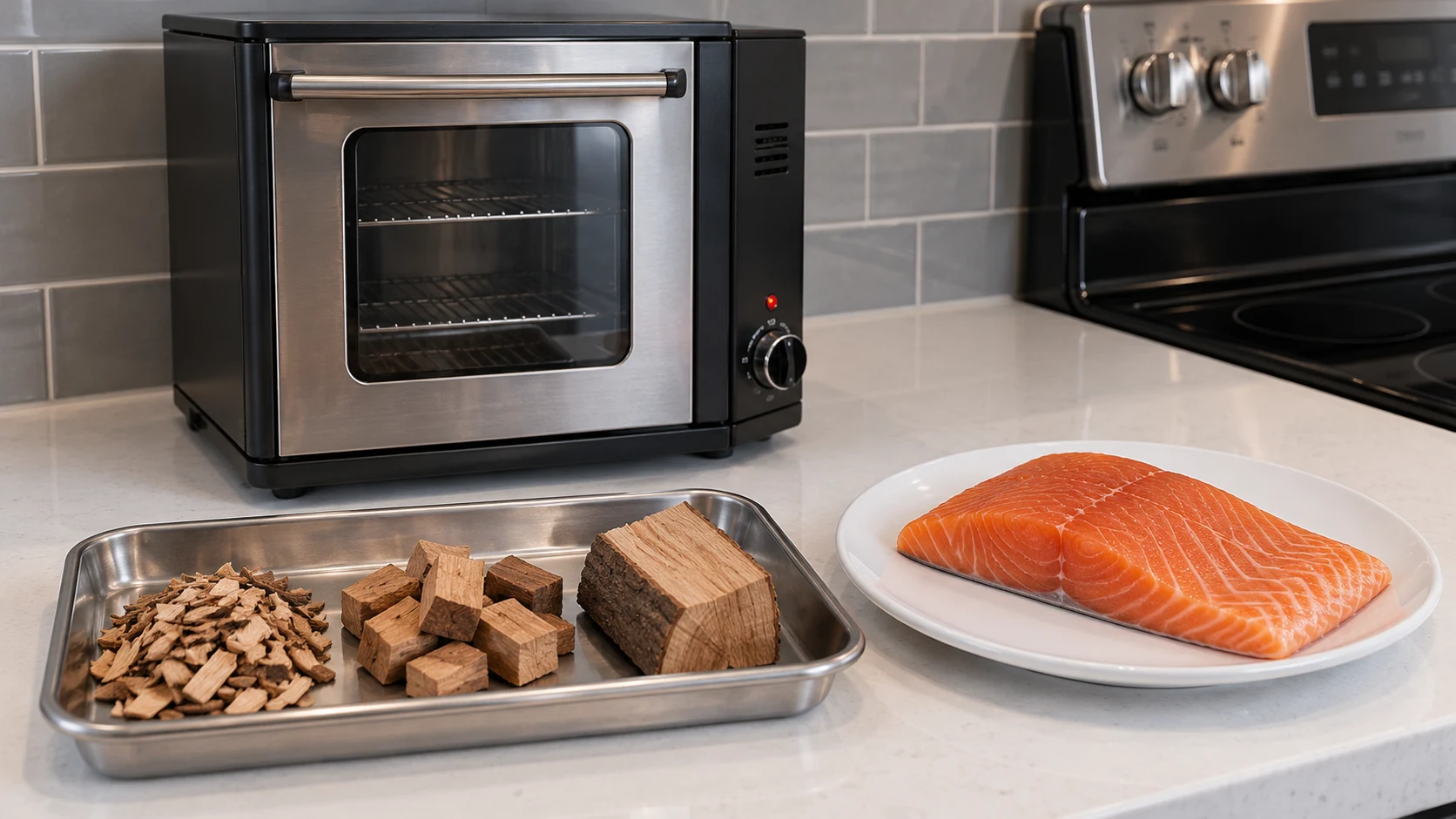 Clean wood chips, medium chunks, and a larger smoking block arranged beside a raw salmon fillet.