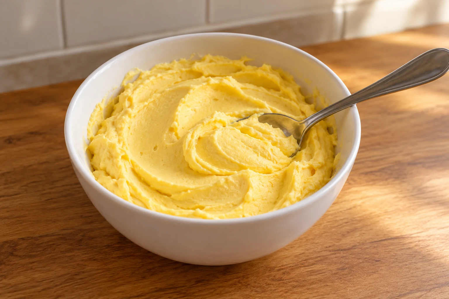 Smooth pale yellow egg-yolk filling in a plain white bowl with a stainless-steel spoon.