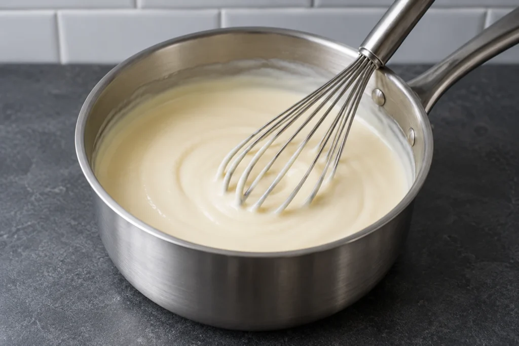 Smooth pale cream sauce in a stainless-steel saucepan with a whisk resting naturally inside.