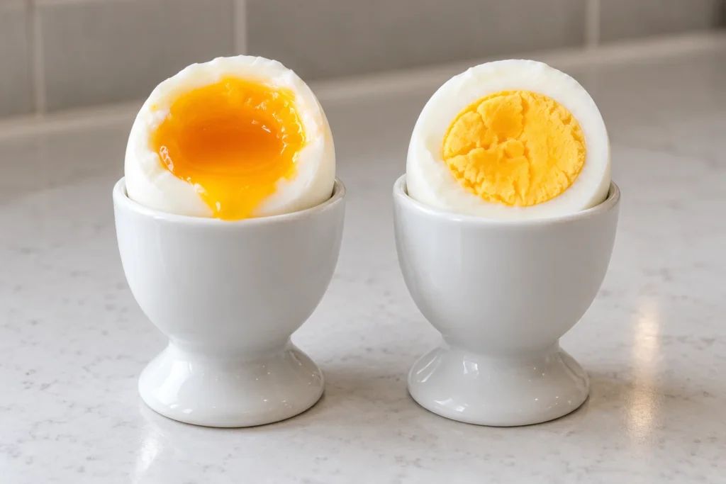 A runny soft-boiled egg and a firm hard-boiled egg shown halved in matching white egg cups.