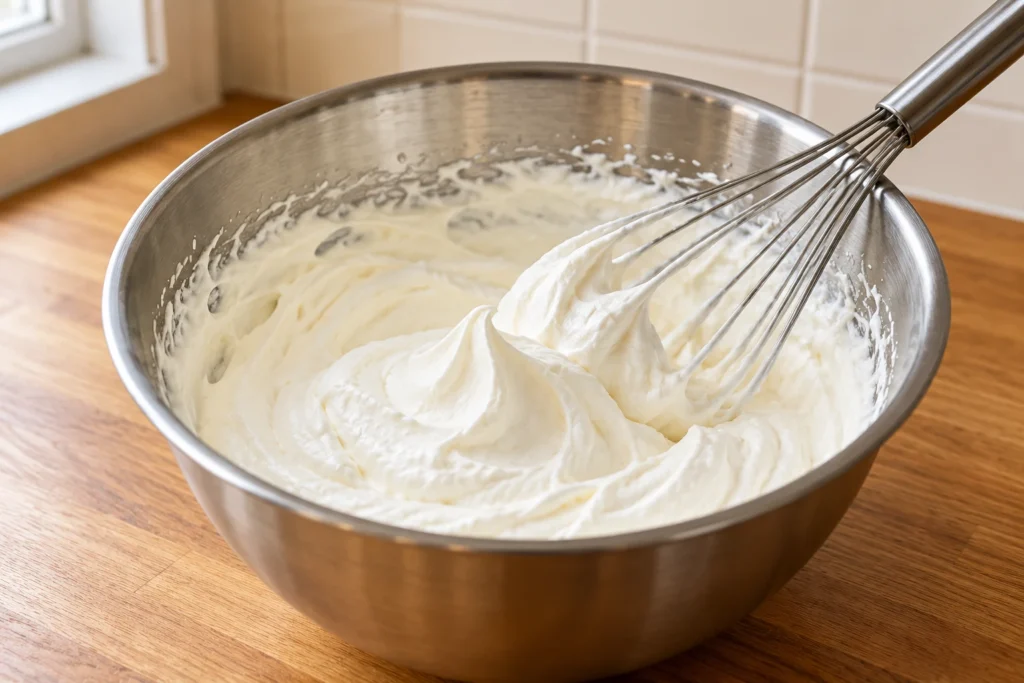 Smooth white whipped cream at soft peaks in a stainless mixing bowl with a wire whisk resting inside.