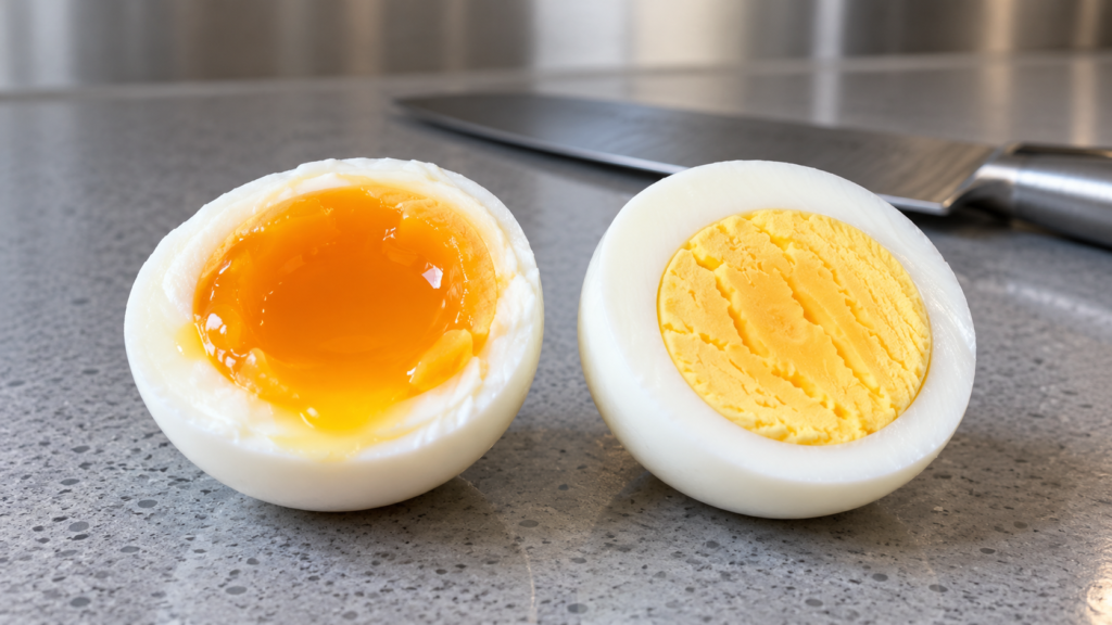 Soft-boiled and hard-boiled eggs compared on a gray quartz counter in a contemporary home kitchen.